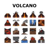 vulkaan lava uitbarsting natuur pictogrammen reeks vector