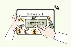 online wedden en maken geld concept. sport- spel. menselijk handen voortvarend online wedden knop Aan tablet scherm voor maken winst geld vector illustratie