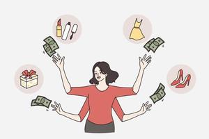 verspilling geld en shopaholic concept. jong vrouw met veel handen het werpen geld contant geld in de omgeving van haar naar kopen verschillend goederen vector illustratie