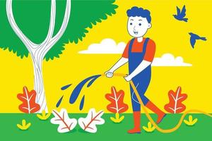 jonge man spoelt planten in de tuin. vector