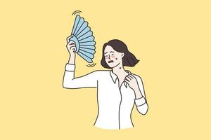 onwel jong vrouw voelen oververhit ademen vers lucht Golf met hand- fan. ongelukkig verontrust meisje gebruik wankelen, gebrek conditioner of ventilatie. zonnesteek, hormonaal onbalans. vlak vector illustratie.