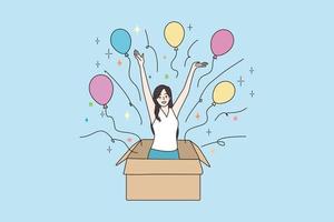 gelukkig jong vrouw springen uit van doos met ballonnen maken verjaardag verrassing. glimlachen millennial meisje hebben pret begroeten feliciteren Mens Aan verjaardag. viering, feest. vlak vector illustratie.