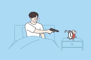 gevoel moe en slapeloos concept. jong geërgerd benadrukt Mens het richten geweer Bij alarm klok sinds ochtend- blijven in bed over- blauw achtergrond vector illustratie