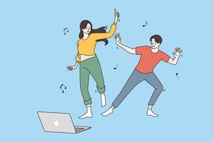 video spellen en technologieën concept. jong glimlachen paar meisje en jongen tekenfilm tekens dansen en genieten van spelen video online spel samen vector illustratie