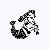 grappig meermin met een vis in haar handen in de stijl van krabbels. marinier thema. hand- tekening van geïsoleerd voorwerpen Aan een wit achtergrond. vector illustratie. kleur boek.