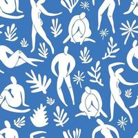 naadloze patroon trendy doodle en abstracte aard pictogrammen op blauwe achtergrond. zomercollectie, ongebruikelijke vormen in matisse-kunststijl uit de vrije hand. omvat mensen, bloemsierkunst. vector
