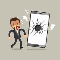 vector cartoon zakenman en smartphone met gebroken scherm