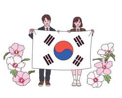 een jonge mannelijke en vrouwelijke student staat met een grote koreaanse vlag. Sharon-bloemen bloeien ernaast. vector