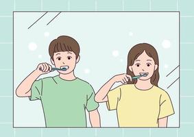 een jongen en een meisje die hun tanden poetsen.