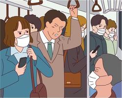 een man hoest in de metro, alle passagiers dragen maskers. vector