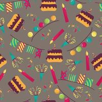naadloos patroon voor de vakantie. met de beeld van een verjaardag taart, kaarsen, slingers, confetti en feestelijk crackers. in de stijl van hand- tekenen, Aan een donker achtergrond. vector