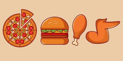 vector illustratie van voedsel, pizza, hamburger, gebakken kip