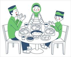 een moslim familie is bidden voordat aan het eten samen Bij de dining tafel vector