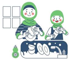 Moslim mam en dochter het wassen de gerechten samen vector