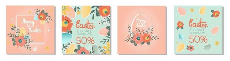 gelukkig Pasen. reeks uitverkoop spandoeken. bloemen met de Pasen ei Aan blauw en roze achtergrond. vector