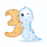 schattig blauw dinosaurus met aantal 3, tekenfilm illustratie vector