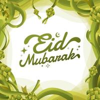 gemakkelijk eid mubarak groet titel belettering met ketupat ornament kader concept vector