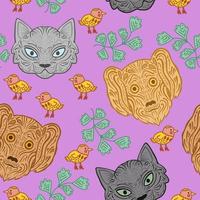 kinderen naadloos patroon met grappig creatief gezichten van katten, honden, eekhoorns. vector illustratie in de tekenfilm stijl. voor kinderen kleding, kleding stof, textiel, kinderen kamer decoratie, omhulsel papier