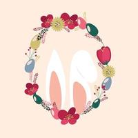 roze konijn oren in een blanco achtergrond met kleurrijk bloemen Pasen ontwerp. vector