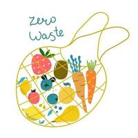 handgetekende eco-tas met groenten en fruit en tekst zero waste. geïsoleerde moderne illustratie in plat design. vector