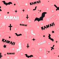 pastel goth achtergrond met vleermuizen, lollies, kruisen en sterren. naadloos kawaii roze patroon met griezelige halloween-elementen en griezelige krabbels. vector