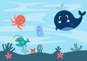 onderwaterlandschap en schattig dierenleven in de zee met zeepaardjes, zeesterren, octopus, schildpadden, haaien, vissen, kwallen, krabben. vector illustratie