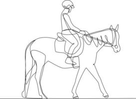 doorlopend een lijn tekening jong Mens rijden een paard. ervaringsgericht in reiziger concept. single lijn tekening ontwerp grafisch vector illustratie