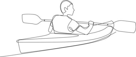 doorlopend een lijn tekening jongen roeien een klein bord in de rivier. ervaringsgericht in reiziger concept. single lijn tekening ontwerp grafisch vector illustratie