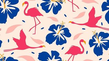 schattig kleurrijk naadloos vector patroon illustratie met roze flamingo's en blauw hibiscus bloemen Aan pastel achtergrond