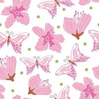 mooi abstract naadloos vector patroon achtergrond illustratie met tekenfilm vlinders en perzik boom roze bloemen