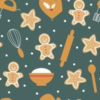 schattig knus hand- getrokken Kerstmis naadloos vector patroon achtergrond illustratie met winter vakantie tekenfilm peperkoek koekjes en keuken gereedschap