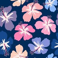 schattig hand- getrokken abstract naadloos vector patroon illustratie met kleurrijk hibiscus bloemen Aan blauw achtergrond