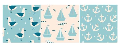 schattig lief pastel blauw en beige hand- getrokken reeks van naadloos vector patroon achtergrond illustratie met meeuwen, boten en anker voor kinderen, baby douche en kinderkamer