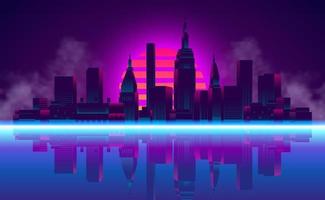 zonsondergang stadswolkenkrabber voor vintage retro 80s neon kleur achtergrond vector