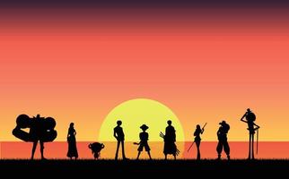 silhouet illustratie van acht mensen en een huisdier aan het kijken een zonsondergang panorama vector