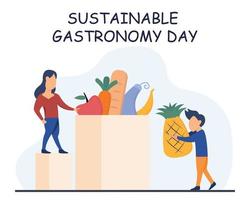 illustratie vector grafisch van een paar is zetten boodschappen in een boodschappen doen tas, perfect voor Internationale dag, duurzaam gastronomie dag, vieren, groet kaart, enz.