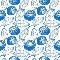 naadloos herhalen patroon met walnoten, bloemen motief. schattig ornament met noten.blauw achtergrond in wijnoogst stijl. sjabloon voor textiel, omhulsel papier en verpakking ontwerp. getrokken door hand. vector