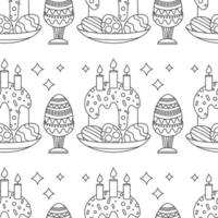 Pasen patroon met een ei Aan een staan met een ornament, een bord met een Pasen koekje en kaarsen. vector