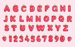 schattig aardbei brief doopvont alfabet en aantal vector
