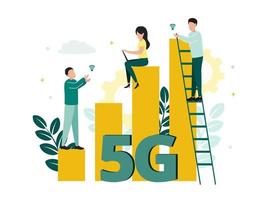 5g mobiel internetten. een Mens en een vrouw met een laptop zitten Aan de brief g, Dames met smartphones Aan de aantal 5, tegen een achtergrond van planten, internet pictogrammen, een toren, wolken. vector illustratie.