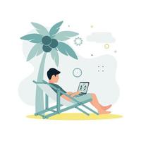 kabeltelevisie. een vector illustratie van een Mens zittend Aan een dek stoel onder een palm boom met een kokosnoot Aan de strand, Holding een laptop in zijn handen.