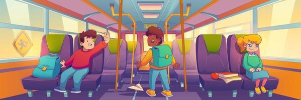gelukkig kinderen reizen binnen geel school- bus vector
