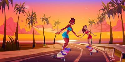 jong sexy vrouw Aan skateboard rijden palm weg vector