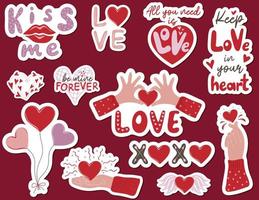 reeks van valentijnsdag stickers met belettering en handen Holding harten vector