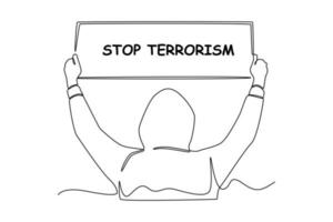 single een lijn tekening van een Mens houdt omhoog een hou op terrorisme teken. antiterrorisme dag concept doorlopend lijn trek ontwerp grafisch vector illustratie