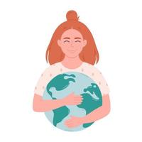 vrouw knuffelen aarde wereldbol. aarde dag, besparing planeet, natuur beschermen, ecologisch bewustzijn. vector