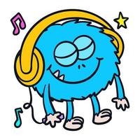 hand- getrokken grappig weinig monster met koptelefoon luisteren muziek- tekenfilm karakter vector