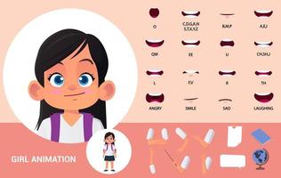 school- meisje karakter lip synchroniseren mond animatie en hand- gebaren vector