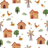 landelijk landschap naadloos patroon. boerderij achtergrond met huizen, windmolen, bomen en oogst. hand- getrokken ontwerp in tekenfilm stijl, gebruik voor afdrukken, behang, kinderen kleren, mode. vector illustratie