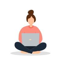 een vrouw zit en werkt op een laptop. thuis werken en freelance concept. vectorillustratie in een vlakke stijl. vector